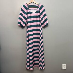 Striped Pink & Green Maxi Dress W/ Puff Sleeves & V-Neck Size Small